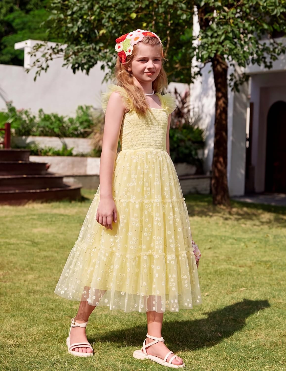image:imageArshiner Tween Girls Dress Ruffle Sleeve Elastic Straps Smocked ALine Tulle Summer Long Patry Birthday SundressYellow White Plaid