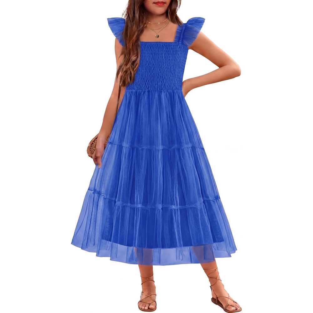 image:imageArshiner Tween Girls Dress Ruffle Sleeve Elastic Straps Smocked ALine Tulle Summer Long Patry Birthday SundressRoyal Blue
