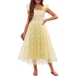 Arshiner Tween Girls Dress Ruffle Sleeve Elastic Straps Smocked A-Line Tulle Summer Long Patry Birthday Sundress(Yellow & White Plaid)